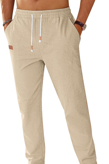 TARAINYA Pantalón Lino Hombre en Mezcla de Algodón y Lino con Cordón Ajustable y Bolsillos Ideal para Practicar Yoga y para la Playa