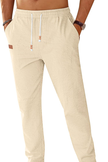 TARAINYA Pantalón Lino Hombre en Mezcla de Algodón y Lino con Cordón Ajustable y Bolsillos Ideal para Practicar Yoga y para la Playa